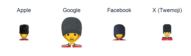 Man Guard emoji artwork compared side by side for Apple, Google Noto, Facebook, and X Twemoji styles on white.