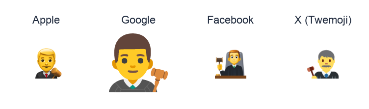 Man Judge emoji artwork compared side by side for Apple, Google Noto, Facebook, and X Twemoji styles on white.