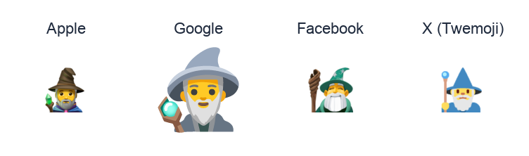 Man Mage emoji artwork compared side by side for Apple, Google Noto, Facebook, and X Twemoji styles on white.
