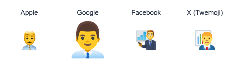 Man Office Worker emoji artwork compared side by side for Apple, Google Noto, Facebook, and X Twemoji styles on white.