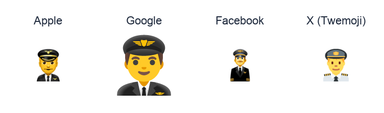 Man Pilot emoji artwork compared side by side for Apple, Google Noto, Facebook, and X Twemoji styles on white.