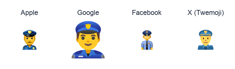 Man Police Officer emoji artwork compared side by side for Apple, Google Noto, Facebook, and X Twemoji styles on white.