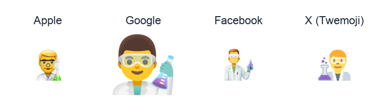Man Scientist emoji artwork compared side by side for Apple, Google Noto, Facebook, and X Twemoji styles on white.
