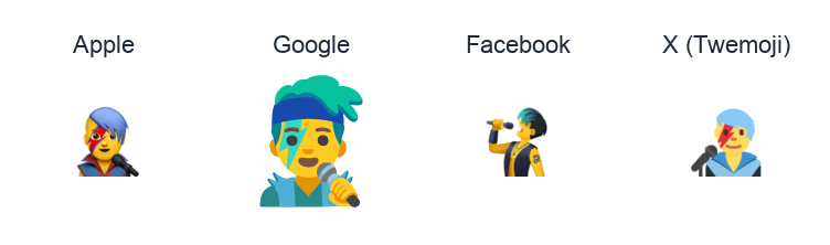 Man Singer emoji artwork compared side by side for Apple, Google Noto, Facebook, and X Twemoji styles on white.