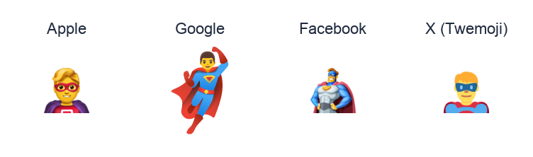 Man Superhero emoji artwork compared side by side for Apple, Google Noto, Facebook, and X Twemoji styles on white.