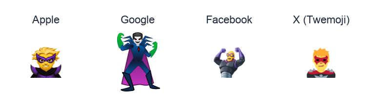 Man Supervillain emoji artwork compared side by side for Apple, Google Noto, Facebook, and X Twemoji styles on white.