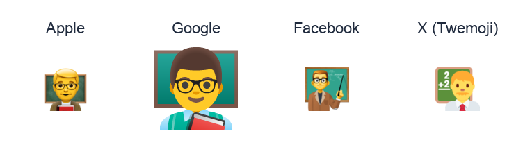 Man Teacher emoji artwork compared side by side for Apple, Google Noto, Facebook, and X Twemoji styles on white.