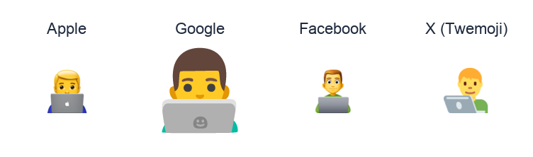Man Technologist emoji artwork compared side by side for Apple, Google Noto, Facebook, and X Twemoji styles on white.