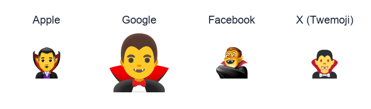 Man Vampire emoji artwork compared side by side for Apple, Google Noto, Facebook, and X Twemoji styles on white.