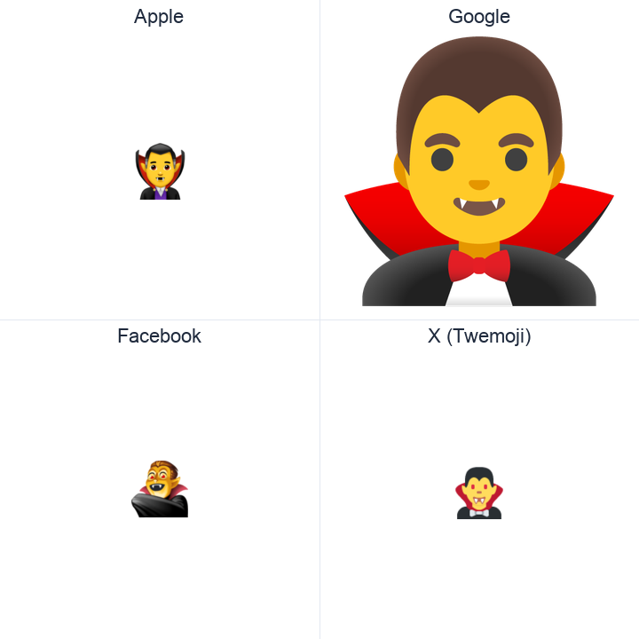 Man Vampire emoji in a square grid: Apple and Google on the top row, Facebook and X Twemoji on the bottom, on white.