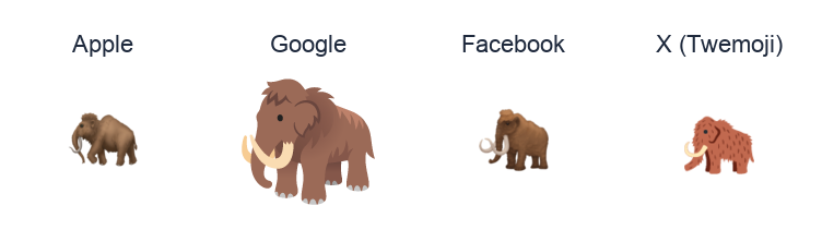 Mammoth emoji artwork compared side by side for Apple, Google Noto, Facebook, and X Twemoji styles on white.