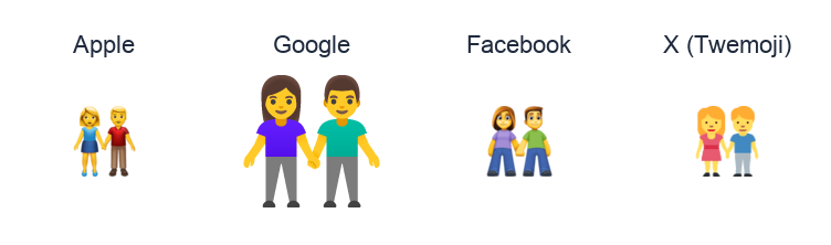 Man And Woman Holding Hands emoji artwork compared side by side for Apple, Google Noto, Facebook, and X Twemoji styles on white.