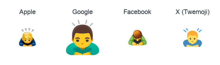 Man Bowing emoji artwork compared side by side for Apple, Google Noto, Facebook, and X Twemoji styles on white.