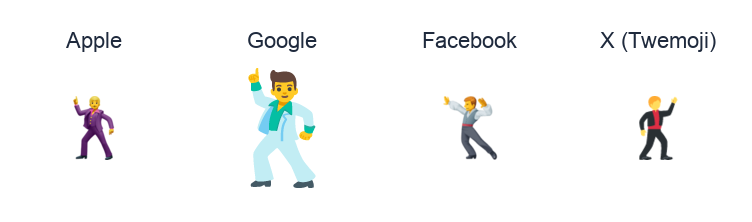 Man Dancing emoji artwork compared side by side for Apple, Google Noto, Facebook, and X Twemoji styles on white.