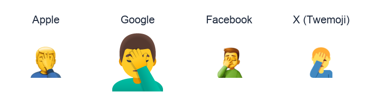 Man Facepalming emoji artwork compared side by side for Apple, Google Noto, Facebook, and X Twemoji styles on white.