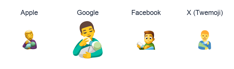 Man Feeding Baby emoji artwork compared side by side for Apple, Google Noto, Facebook, and X Twemoji styles on white.
