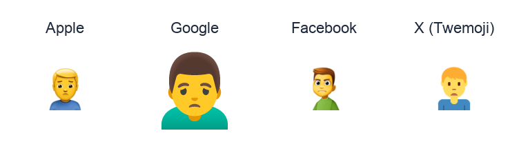 Man Frowning emoji artwork compared side by side for Apple, Google Noto, Facebook, and X Twemoji styles on white.