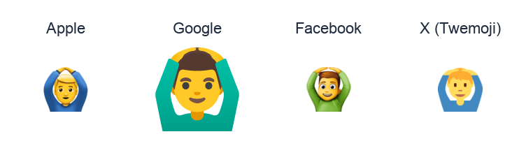 Man Gesturing Ok emoji artwork compared side by side for Apple, Google Noto, Facebook, and X Twemoji styles on white.