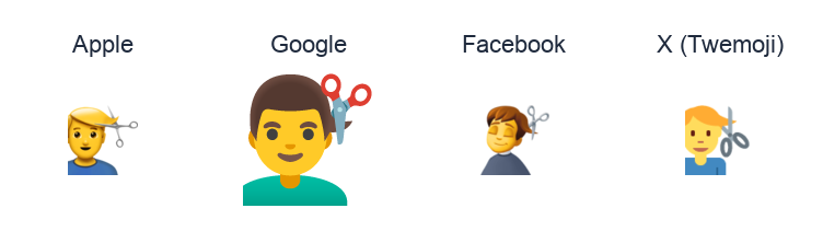Man Getting Haircut emoji artwork compared side by side for Apple, Google Noto, Facebook, and X Twemoji styles on white.