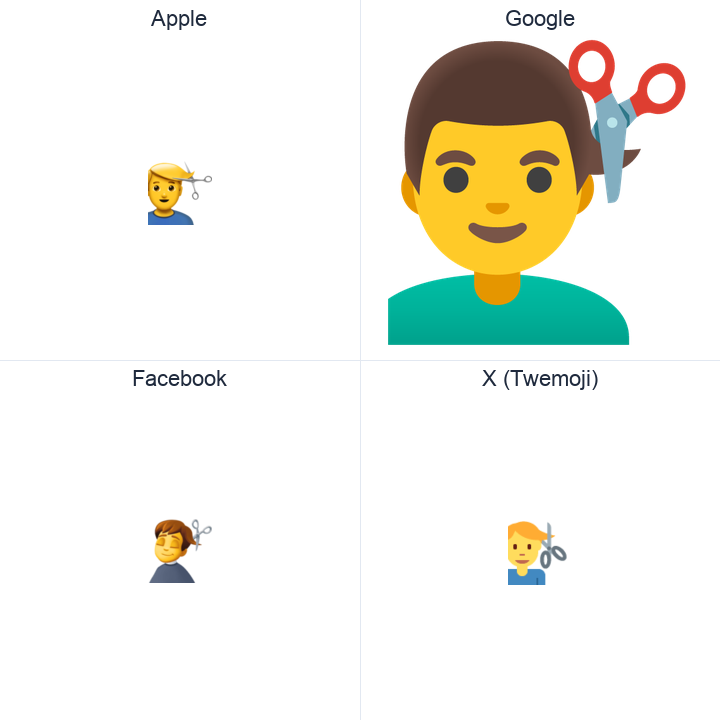 Man Getting Haircut emoji in a square grid: Apple and Google on the top row, Facebook and X Twemoji on the bottom, on white.