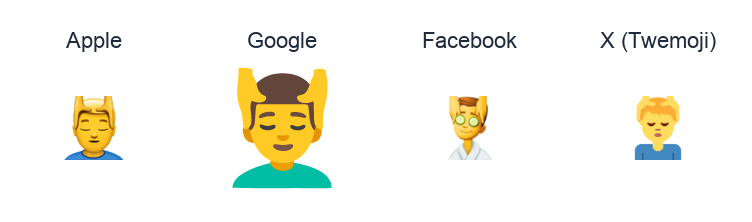 Man Getting Massage emoji artwork compared side by side for Apple, Google Noto, Facebook, and X Twemoji styles on white.