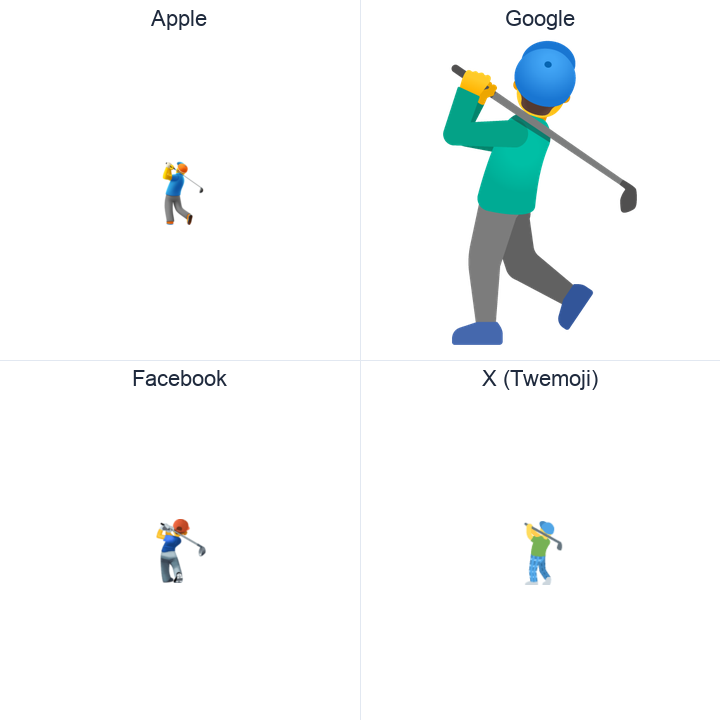 Man Golfing emoji in a square grid: Apple and Google on the top row, Facebook and X Twemoji on the bottom, on white.
