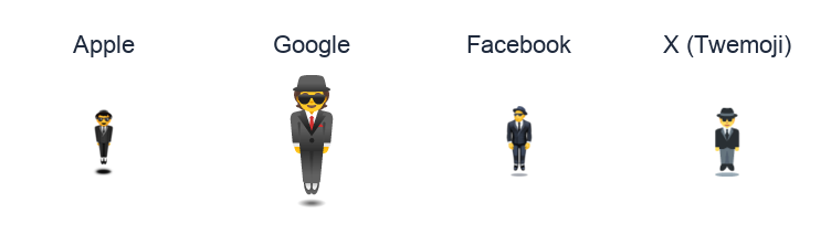 Person In Suit Levitating emoji artwork compared side by side for Apple, Google Noto, Facebook, and X Twemoji styles on white.