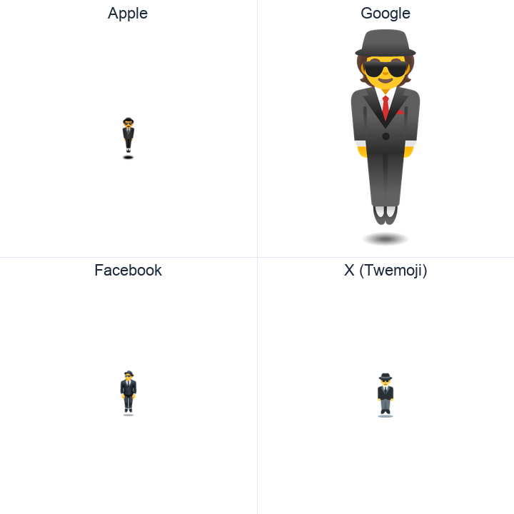 Person In Suit Levitating emoji in a square grid: Apple and Google on the top row, Facebook and X Twemoji on the bottom, on white.
