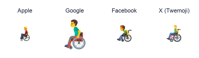 Man In Manual Wheelchair emoji artwork compared side by side for Apple, Google Noto, Facebook, and X Twemoji styles on white.