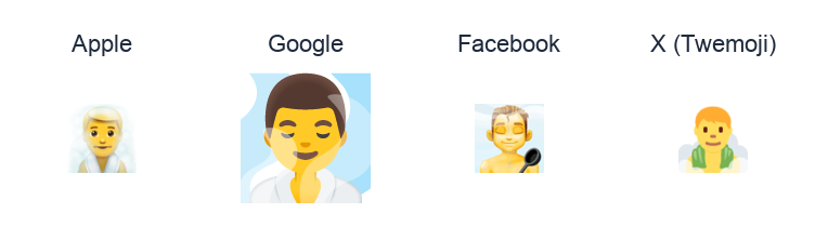 Man In Steamy Room emoji artwork compared side by side for Apple, Google Noto, Facebook, and X Twemoji styles on white.