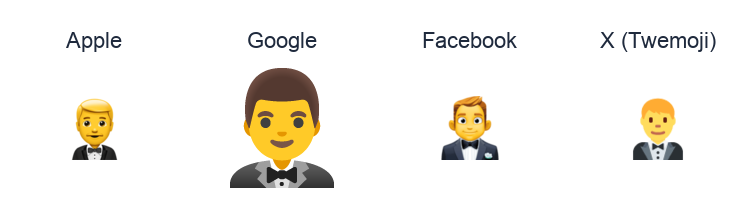 Man In Tuxedo emoji artwork compared side by side for Apple, Google Noto, Facebook, and X Twemoji styles on white.