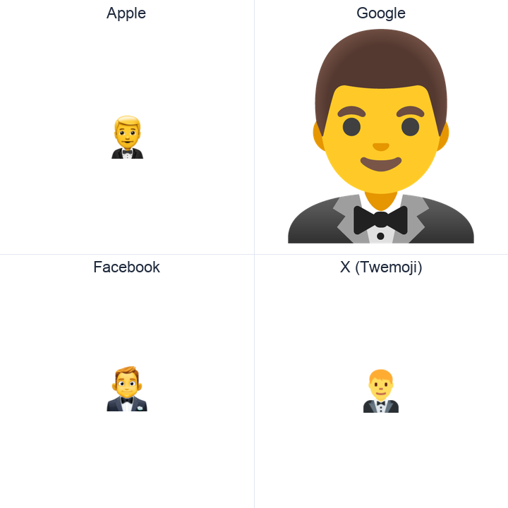 Man In Tuxedo emoji in a square grid: Apple and Google on the top row, Facebook and X Twemoji on the bottom, on white.