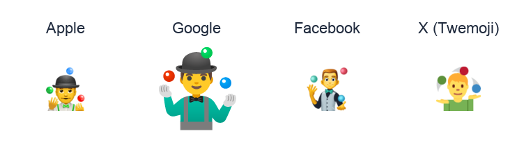 Man Juggling emoji artwork compared side by side for Apple, Google Noto, Facebook, and X Twemoji styles on white.