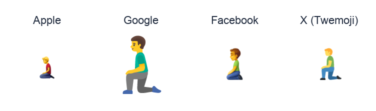 Man Kneeling emoji artwork compared side by side for Apple, Google Noto, Facebook, and X Twemoji styles on white.