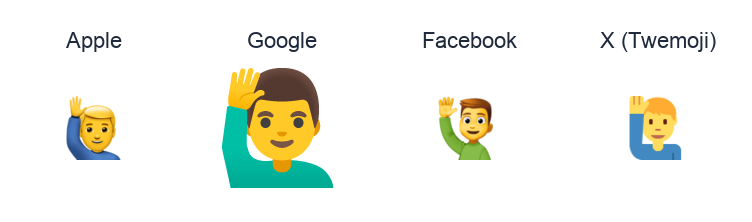 Man Raising Hand emoji artwork compared side by side for Apple, Google Noto, Facebook, and X Twemoji styles on white.