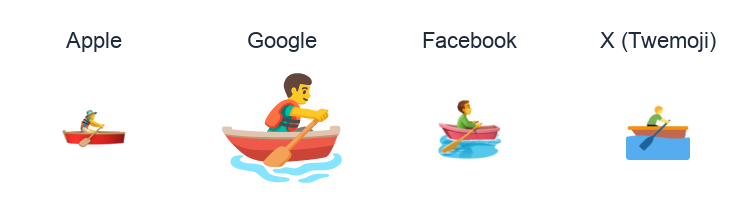 Man Rowing Boat emoji artwork compared side by side for Apple, Google Noto, Facebook, and X Twemoji styles on white.