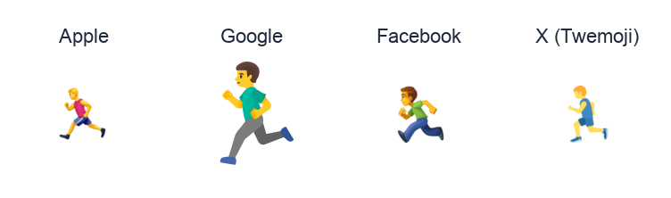 Man Running emoji artwork compared side by side for Apple, Google Noto, Facebook, and X Twemoji styles on white.
