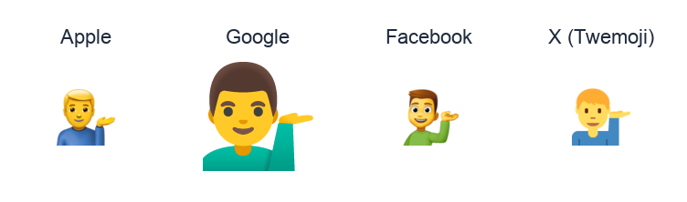 Man Tipping Hand emoji artwork compared side by side for Apple, Google Noto, Facebook, and X Twemoji styles on white.
