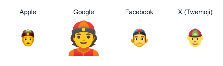 Man With Gua Pi Mao emoji artwork compared side by side for Apple, Google Noto, Facebook, and X Twemoji styles on white.