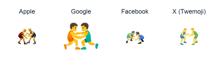 Men Wrestling emoji artwork compared side by side for Apple, Google Noto, Facebook, and X Twemoji styles on white.