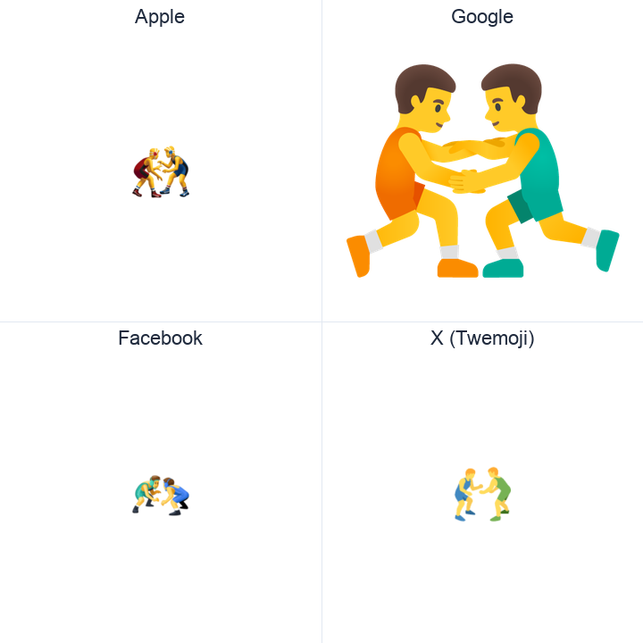Men Wrestling emoji in a square grid: Apple and Google on the top row, Facebook and X Twemoji on the bottom, on white.