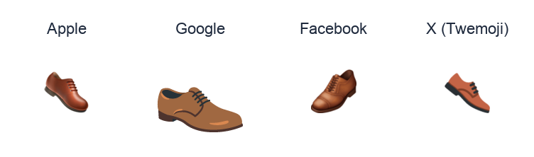Mans Shoe emoji artwork compared side by side for Apple, Google Noto, Facebook, and X Twemoji styles on white.