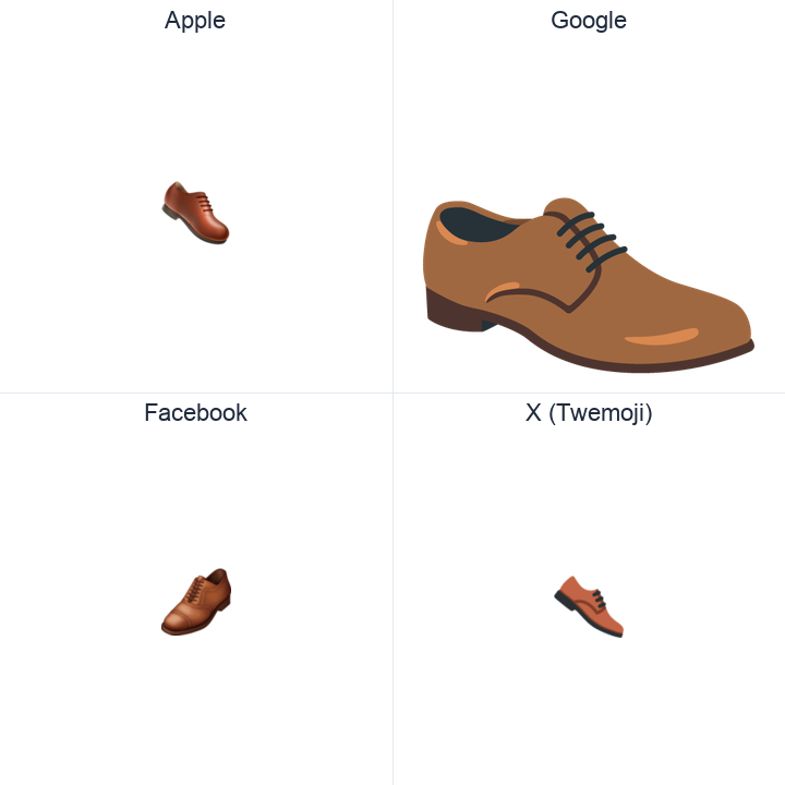 Mans Shoe emoji in a square grid: Apple and Google on the top row, Facebook and X Twemoji on the bottom, on white.