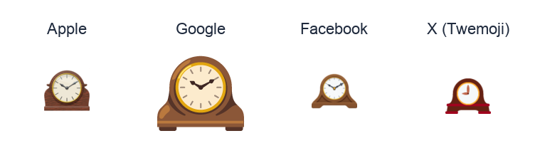 Mantelpiece Clock emoji artwork compared side by side for Apple, Google Noto, Facebook, and X Twemoji styles on white.