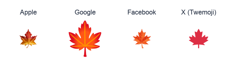 Maple Leaf emoji artwork compared side by side for Apple, Google Noto, Facebook, and X Twemoji styles on white.