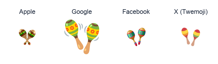 Maracas emoji artwork compared side by side for Apple, Google Noto, Facebook, and X Twemoji styles on white.