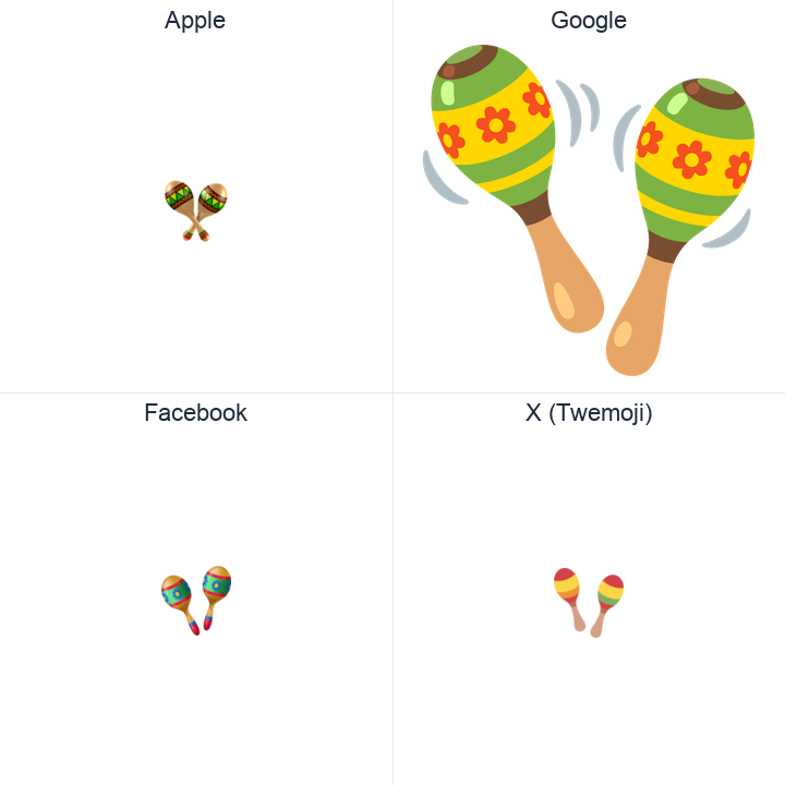 Maracas emoji in a square grid: Apple and Google on the top row, Facebook and X Twemoji on the bottom, on white.