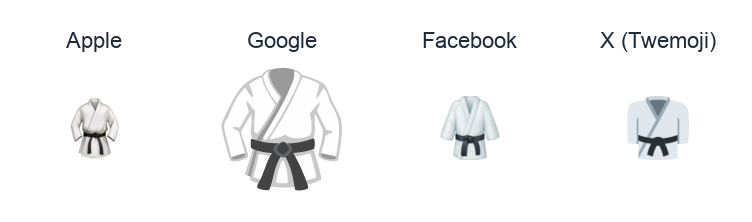 Martial Arts Uniform emoji artwork compared side by side for Apple, Google Noto, Facebook, and X Twemoji styles on white.