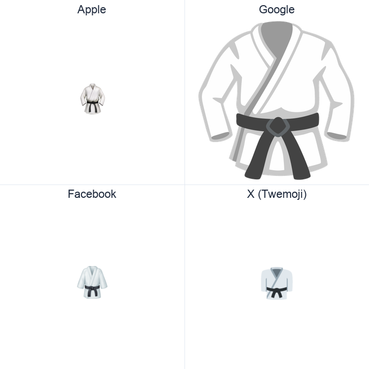 Martial Arts Uniform emoji in a square grid: Apple and Google on the top row, Facebook and X Twemoji on the bottom, on white.