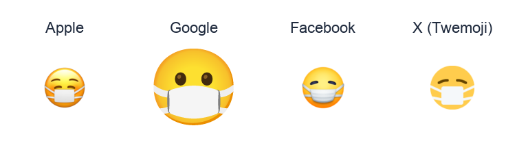 Face With Medical Mask emoji artwork compared side by side for Apple, Google Noto, Facebook, and X Twemoji styles on white.